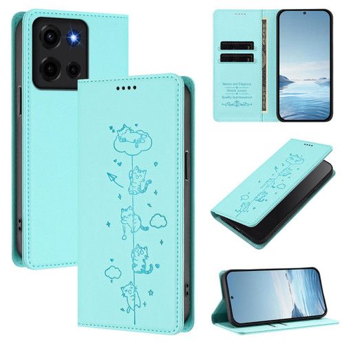 Moto G 2025 / Moto G 2026 Cute Cats Embossed Magnetic RFID Vegan Leather Phone Case - Mint Green